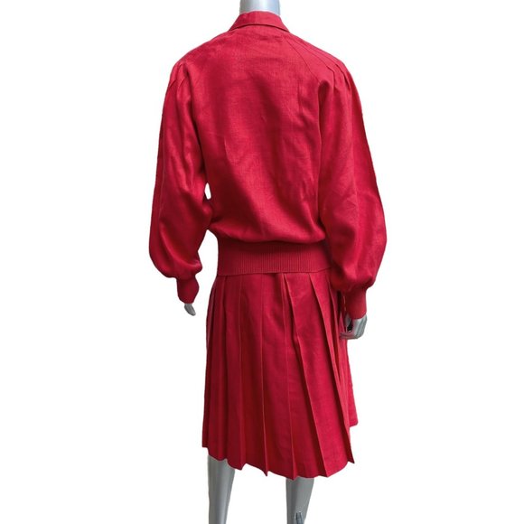 Vintage Neiman Marcus Red Linen Retro Pleated Skirt Suit 8 - Picture 3 of 12
